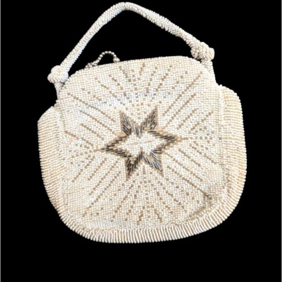 Beaded round handbag 1920's to 1930's Star burst cream - Picture 2 of 8